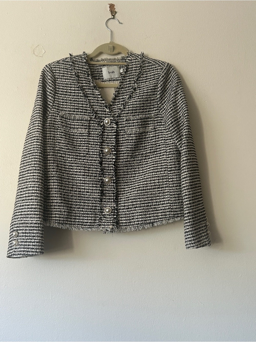 B+AB Tweed Boucle Jacket Womens Boxy Pockets Buttons Lined Fringe corporate smal